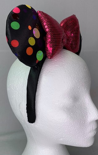 Disney Ear Headband Black Multi Color Dots Bright Pink Bow - Picture 2 of 7