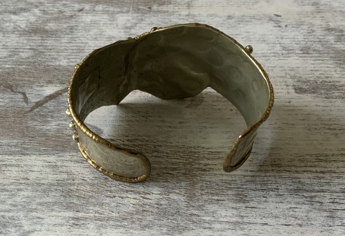 Vintage Handcrafted Stone Mixed Metals Modernist Artisan Handmade Cuff Bracelet - Picture 5 of 12