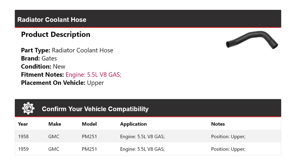 Manguera de refrigerante de radiador de gas V8 5,5 L GMC PM251 1958-1959 puertas superiores Foto 2 de 4