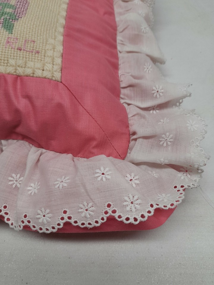 Vintage Needlepoint Cushion Pillow 14" Square Pink White Rufles Letter