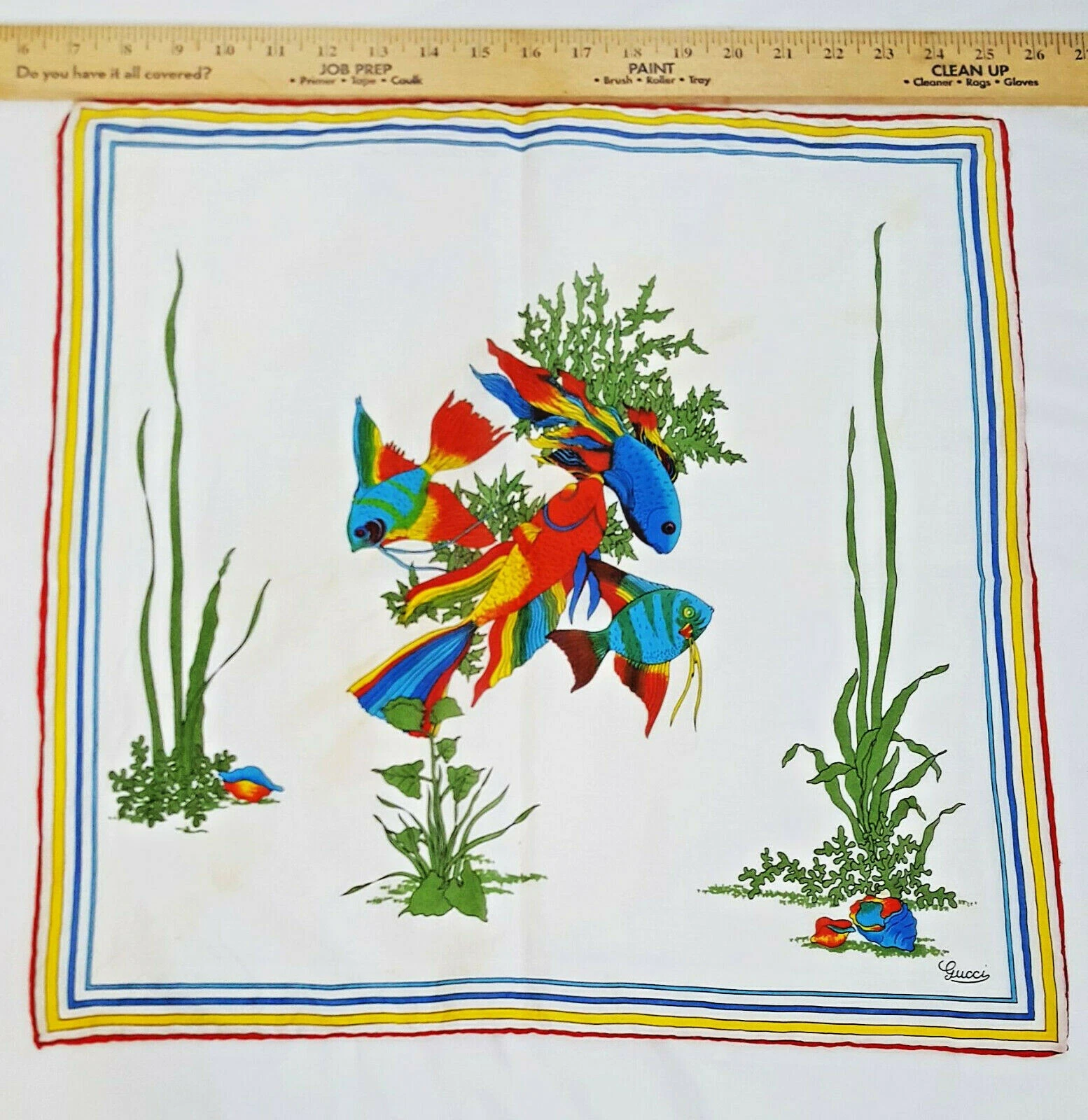 Foulard vintage années 90 Gucci Koi Betta poisson exotique mouchoir coton carré 18