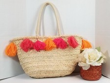 Mud Pie Straw Tassel Beach Tote W/pink And Orange Pom Poms