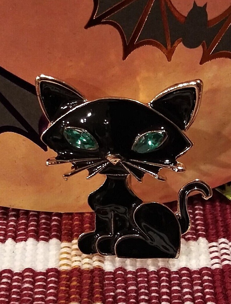 Vintage Halloween Black Cat Fashion Brooch Enamel Rhi… Gem