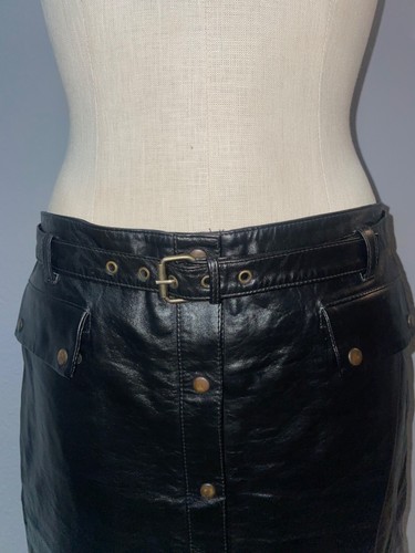 DKNY Vintage Womens Genuine Leather Midi Skirt size 8 Snap Front Removable Belt - Picture 2 of 8