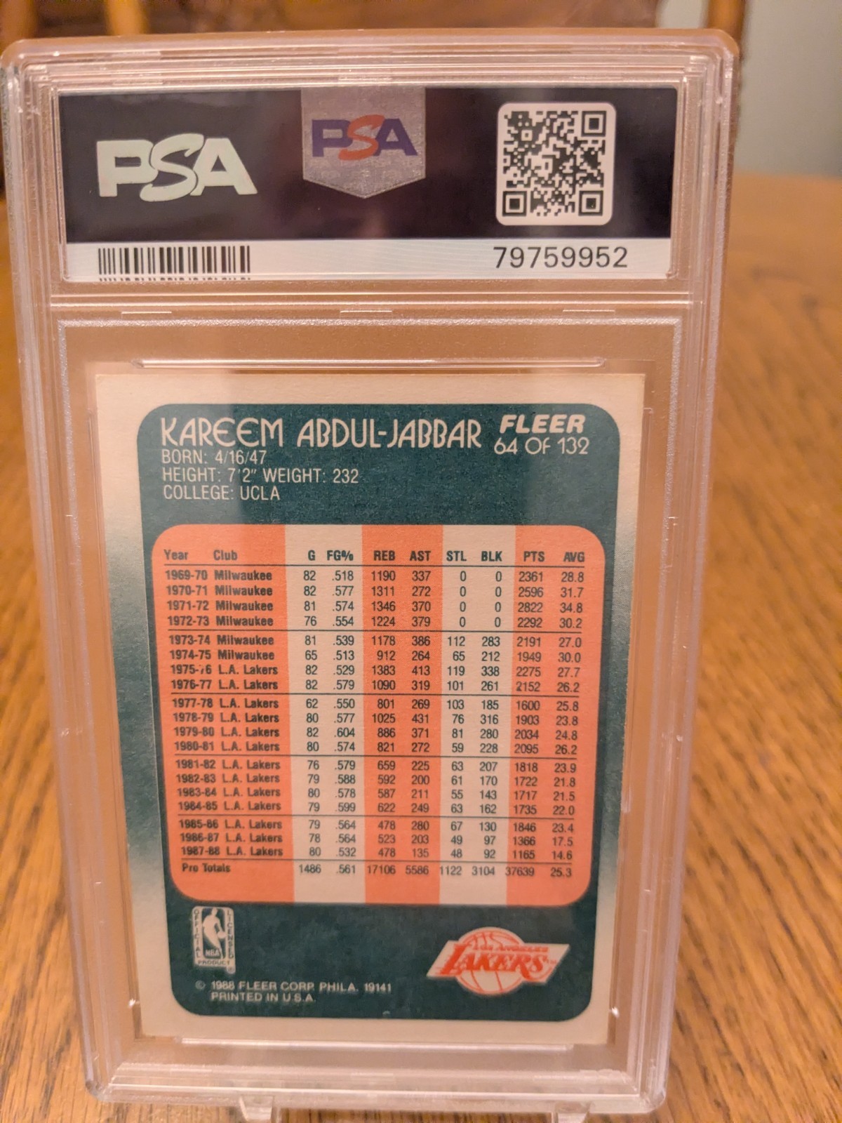 1988 Fleer #64 Kareem Abdul-Jabbar - Graded PSA 5 view 2