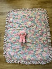Vintage Pastel Rainbow Colorful Baby Blanket W/ Bear Cottagecore Granny CLEAN