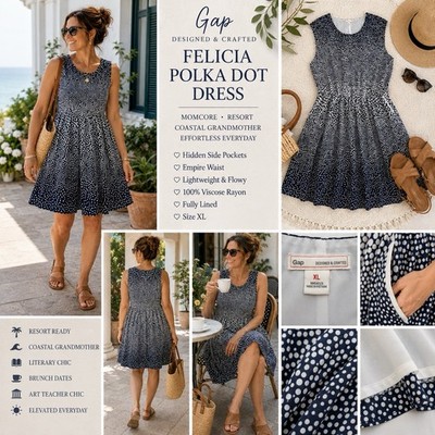 Gap Designed & Crafted XL Felicia Polka Dot Pocket Midi Dress Rayon Navy EUC