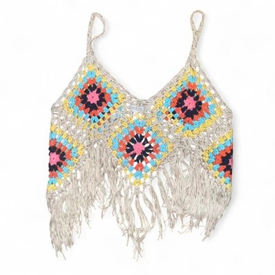 Vivid Women's Multicolored Crochet Grandma Squares Festival Fringe Top SZ L