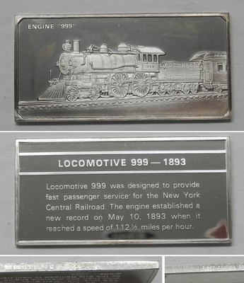 B596 1893 ENGINE 999 Locomotive Franklin Mint 60g Sterling Silver Ingot ...