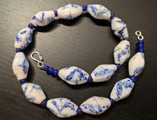 Vintage Blue/White Swirl Glass Vintage Blue Glass Spacer Bead Necklace 18"