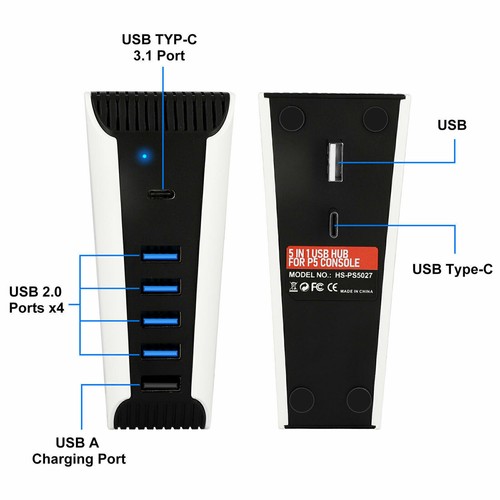 5 Ports USB Hub Adapter High Speed Splitter+Type-c for PS5 Console/PS5 Ultra HD - Picture 5 of 6