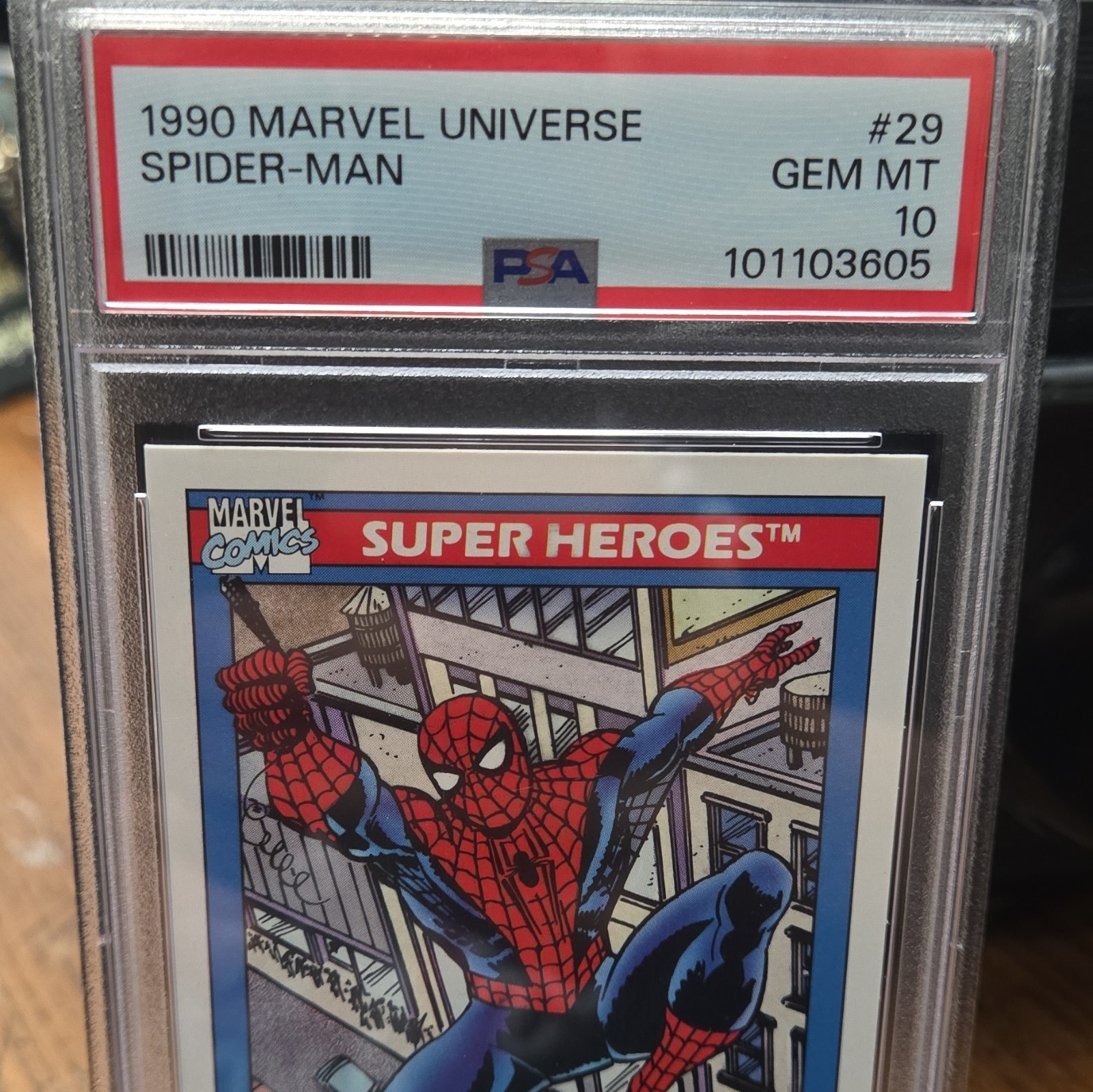 1990 Marvel Universe Spider-Man #29 PSA 10 Gem Mint Card Cert 101103605 view 3