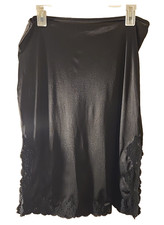 Vtg 70s Interludes by Cira Black Satin Midi Slip Skirt Lace Trim Sz M Whimsigoth