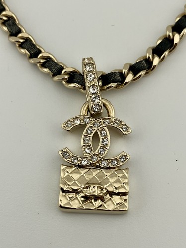 Chanel Black Leather Chain Necklace with Rhinestone CC Flap Bag Pendant CH140 - Picture 3 of 5