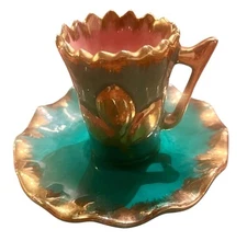 Elegant Teal Green, Gold And Pink Demitasse Cup & Saucer No Maker’s Mark - EUC