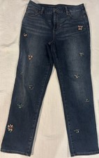 Chico  s Sz 1 M/8 Denim So Slimming Slim Leg Ankle bead Embellished flower jeans