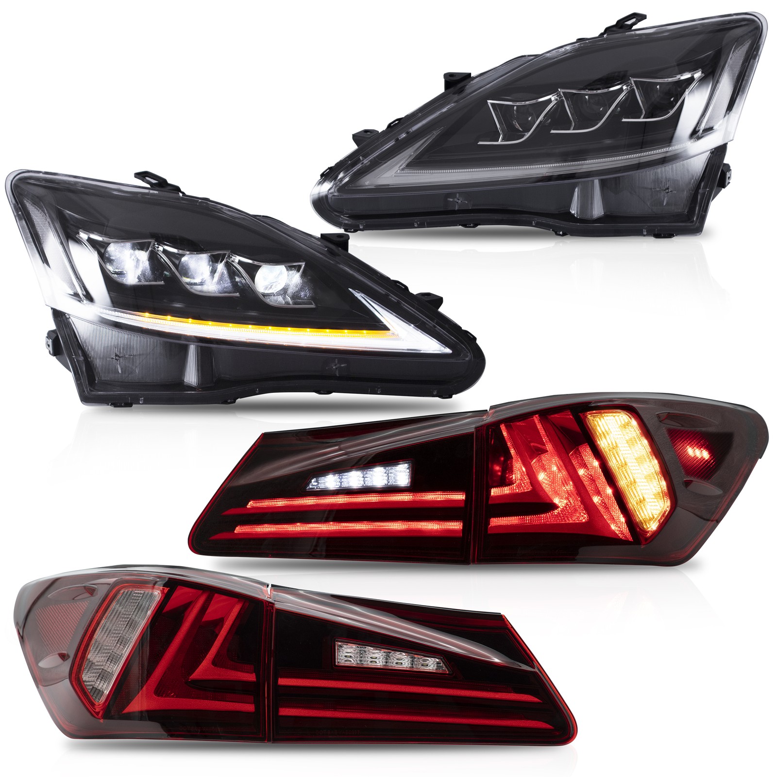 VLAND Amber Headlights+ Red Taillights For Lexus IS250 350 2006-2013 Sequential