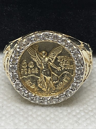14K Yellow Gold White CZ 50 pesos coin NUGGET Style MENS SIGNET Ring 8.1g Size 9 - Picture 19 of 24