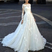 Elegant Boat Neck White Wedding Dress Long Sleeve A-Line Luxury Lace Appliques