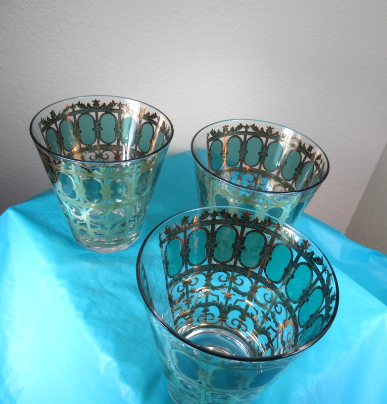 3 Vintage Culver Emerald 22k Gold Scroll Rocks Glasses 12oz