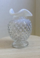Vintage Fenton White Opalescent Hobnail Mini Ruffled Edge Vase