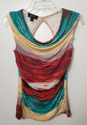 BCX Cowl Neck Y2K 90s Sleeveless Top Colorful Lace Open Back Back Medium Vintage