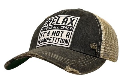''Relax We're All Crazy It's Not A Competition'' Distressed Trucker Hat Blk Unisex
