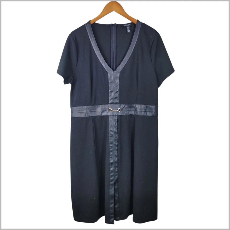 Ellen Tracy Dress Size XL Career sheath Black LBD Faux Leather Party Profession - Image 2 of 4