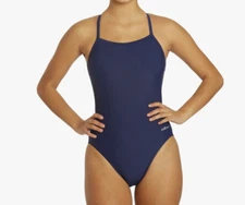 Women's New Dolfin Xtralife Navy Blue V-2 Back Athletic Swim Suit #9615L 36 L