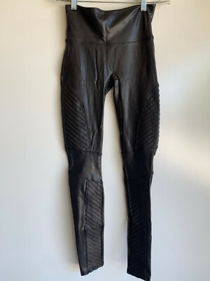 SPANX Faux Leather Black Moto Leggings #20136 Size Small EUC