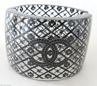 CHANEL Black Crystal Lace CC Flower Pearl Plexi Lucite Cuff Bracelet NEW