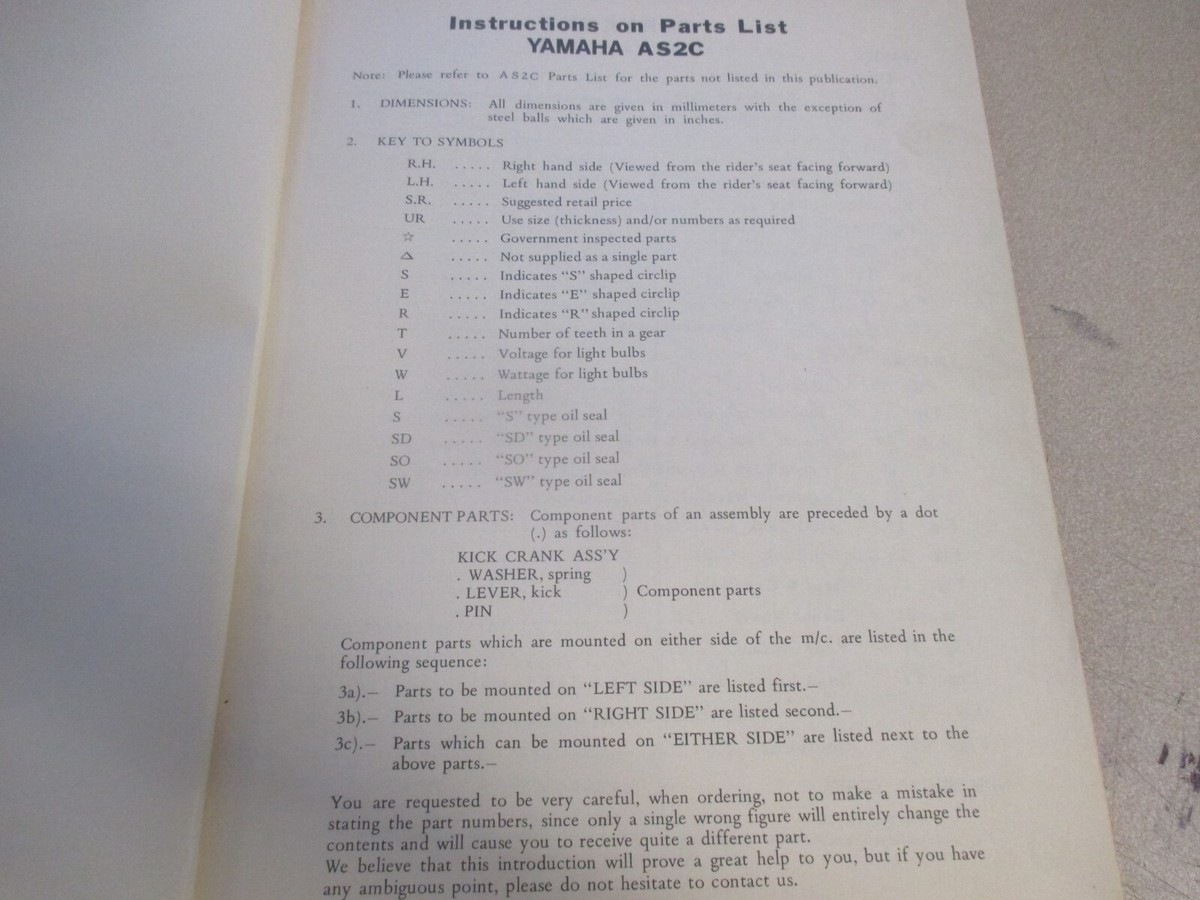 Yamaha Factory Parts List Manual w/ Numerical Index 1970 AS2C