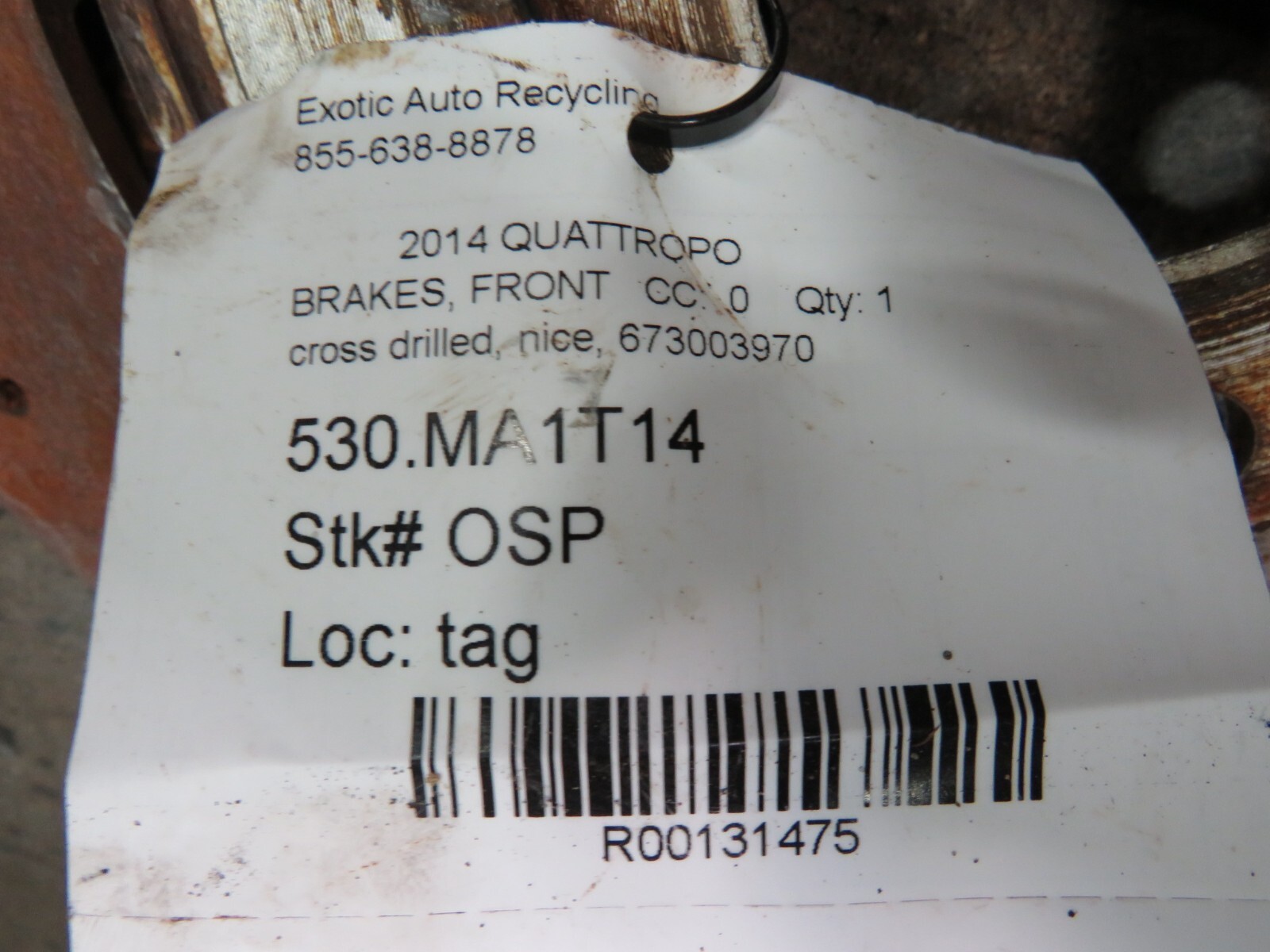 2014 Maserati Quattroporte, Front Brake Rotor, Cross Drilled, Used P/N 673003970