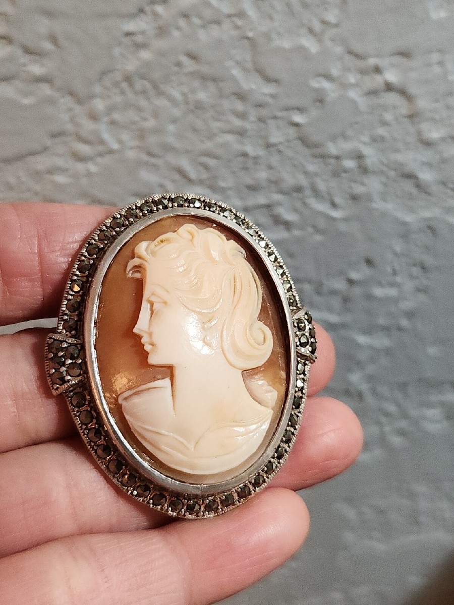 925 Sterling Silver Vintage Macarite Cameo Brooch Big | eBay