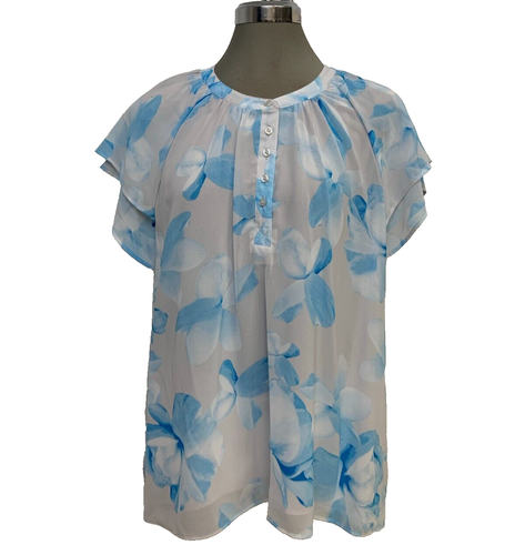 Übergröße 2X elegante Bluse CALVIN KLEIN blau ozean bunt Blumenmuster einfache Passform - Bild 2 von 7