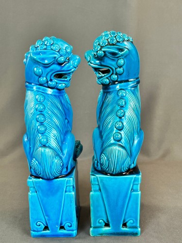 2 statue cinesi porcellana smaltata turchese foo fu cani leone 10" c. XX secolo - Foto 8 di 20