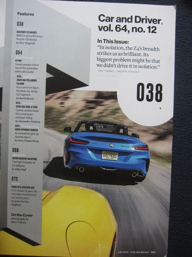 CAR AND DRIVER Magazine June 2019 PORSCHE BOXTER & BMW Z4 - Picture 2 of 2