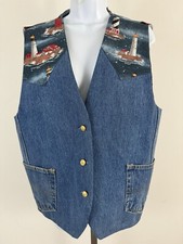 Handmade Women's Denim/Cotton Button Close Vest Lighthouse Print Sz L