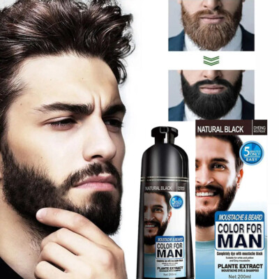 200ML Men 2 in 1 Beard Mustache Natural Hair Color Shampoo Permanent Black Dye
