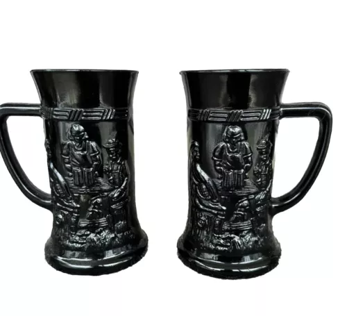 Tiara Indiana Glass Vintage Amethyst Black Glass Stein Mug Tavern Scene Set of 2