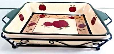 Collections Etc. Ceramic Holiday Serving Dish and Wire Stand Apples Design 
