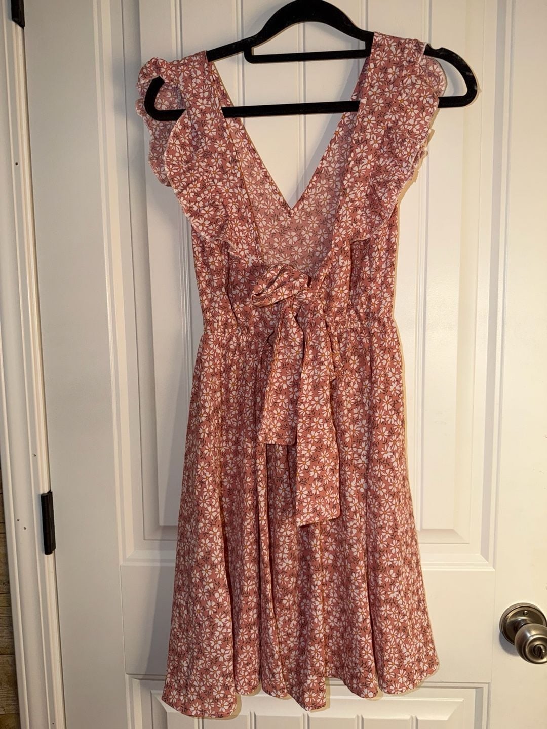 Floral V-Neck Ruffle Trim Tie-Back Mini Dress Pink Size XS, photo 6