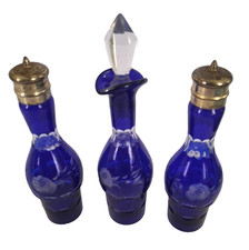 VTG Cobalt Blue Cut to Clear 3 Bottles Cruet Set with Tops READ