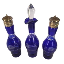 VTG Cobalt Blue Cut to Clear 3 Bottles Cruet Set with Tops READ