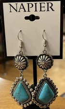 Napier New Old Stock Dangle Drop Faux Turquoise Silver Tone Pierced Earrings