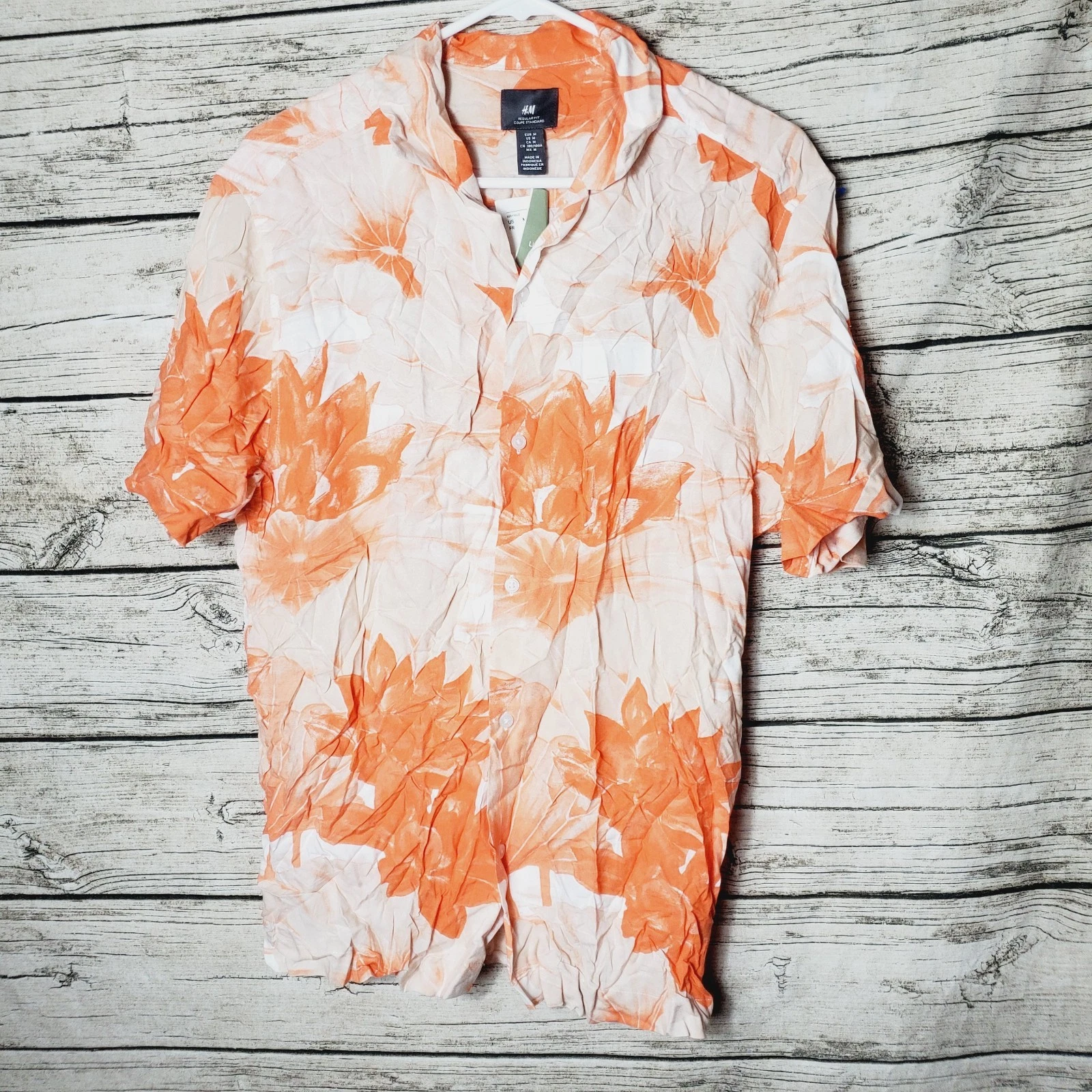 H&m Mens Man Bowling Shirt Floral Orange Print Summer Button Down Medium