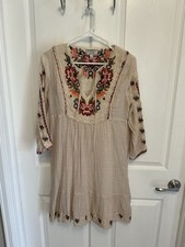 Johnny Was Workshop Ecru Boho Embroidered Gauzy Dress Size XS Slip Included