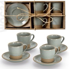 4 x Espresso Mokka Tasse 60 ml Tassen Set Steingut Grün-Grau-Braun Untersetzer