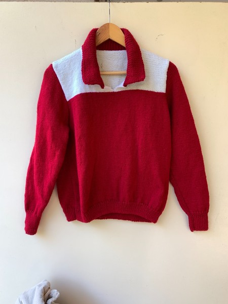 Handmade Hand Knitted Size Approx S Womens Jumper Red White Collared
