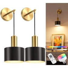 Battery Operated Wall Sconce Set of 2, Gold  Black Wireless Black  Gold